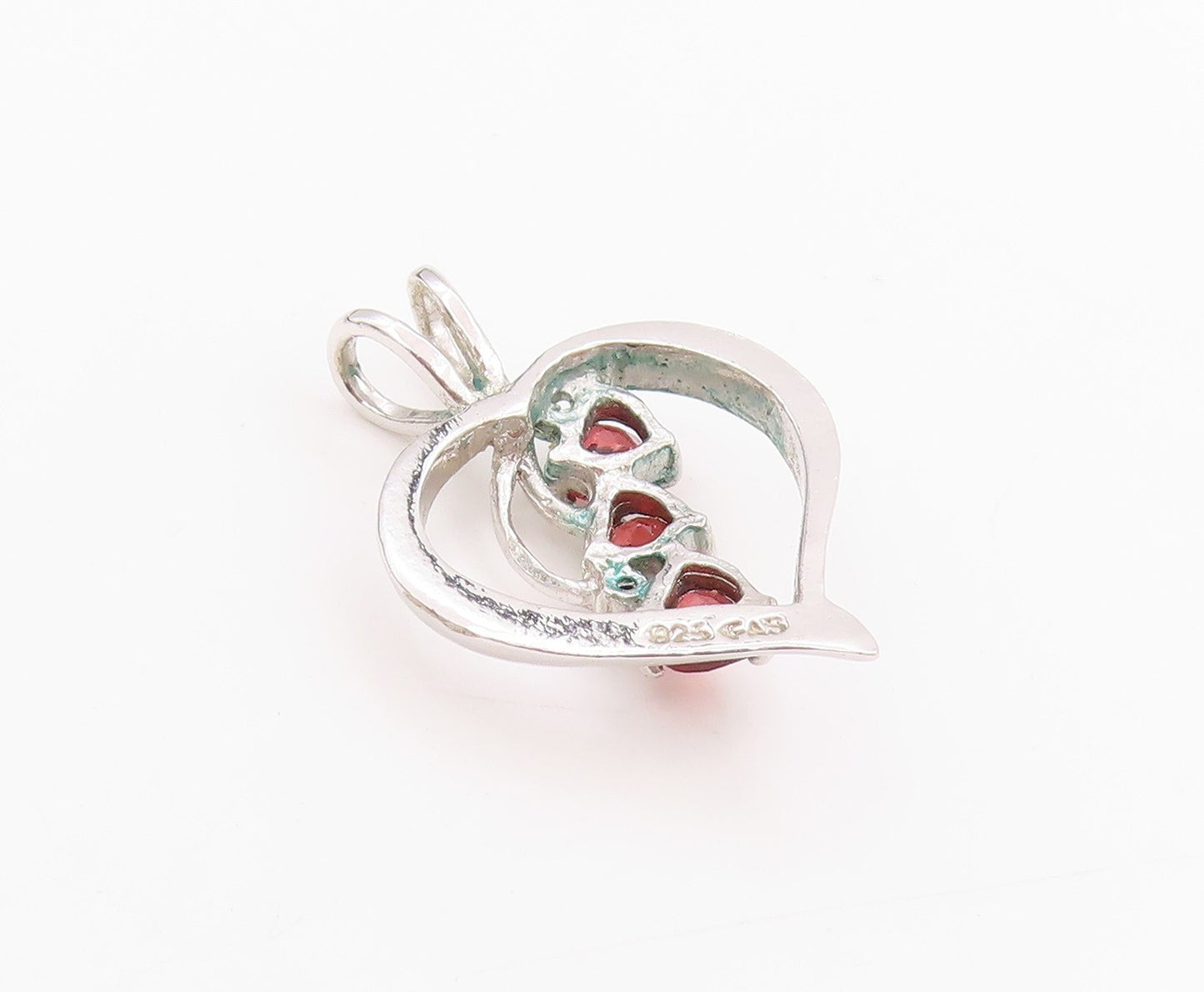 925 Sterling Silver Vintage Pendant Designer Cutout Garnet Heart  PT24562