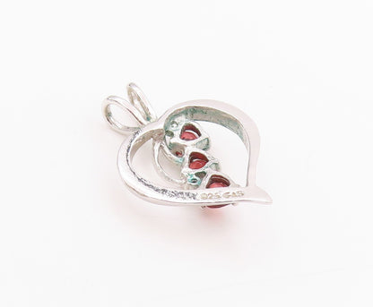 925 Sterling Silver Vintage Pendant Designer Cutout Garnet Heart  PT24562