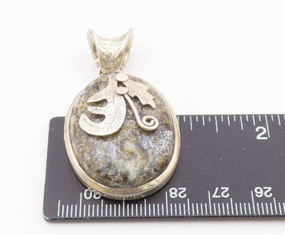 925 Sterling Silver  Vintage Cabochon Cut Jasper Floral Leaf Pendant  PT7915