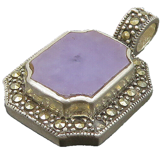 925 Sterling Silver  Vintage Purple Chalcedony & Marcasite Pendant  PT19321