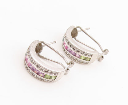 925 Sterling Silver Vintage Earrings Multi Gemstone Channel Set Hoops  EG13740