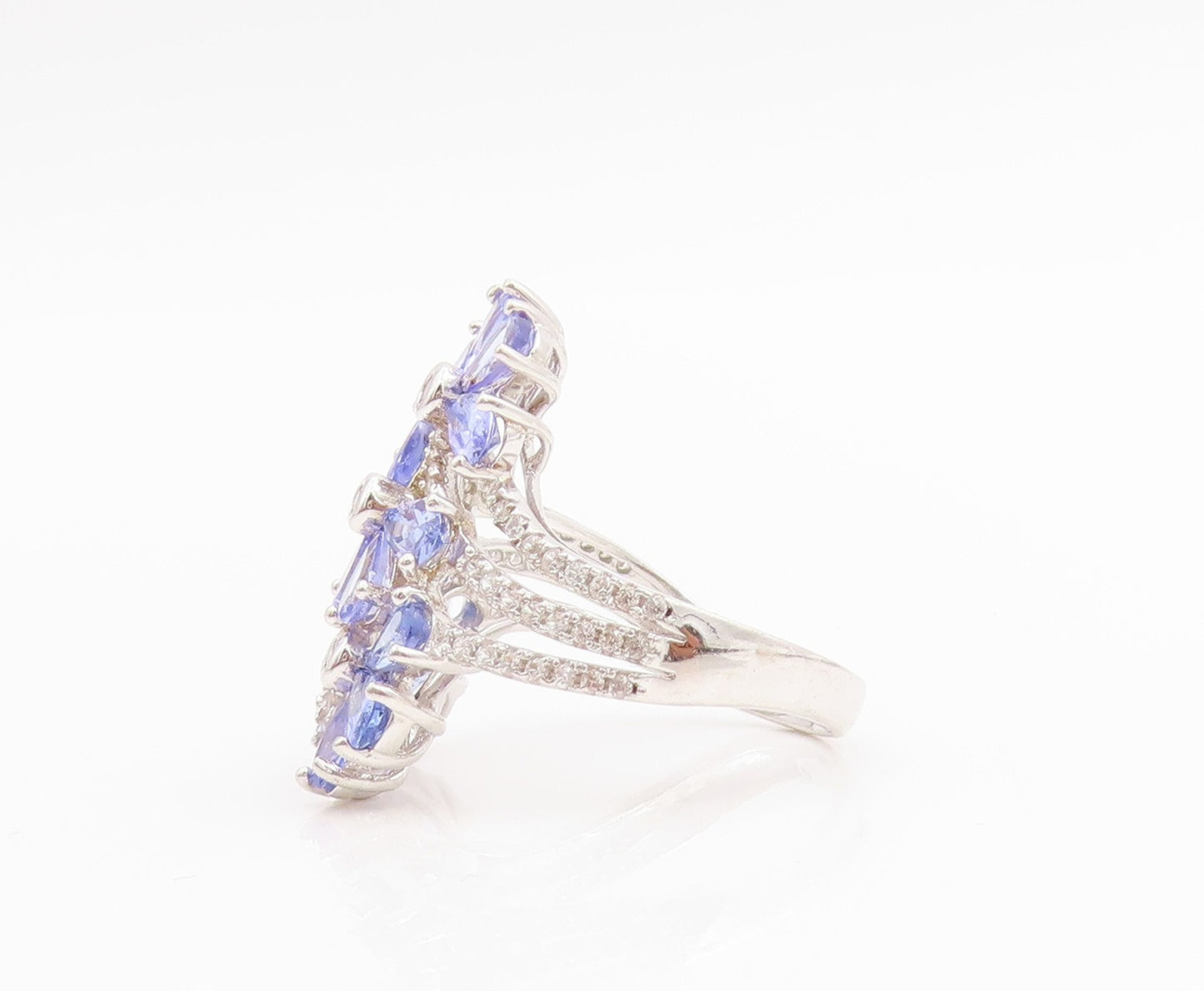 925 Sterling Silver Vintage Ring Tanzanite & CZ Floral Design Band Sz 7 RG33882