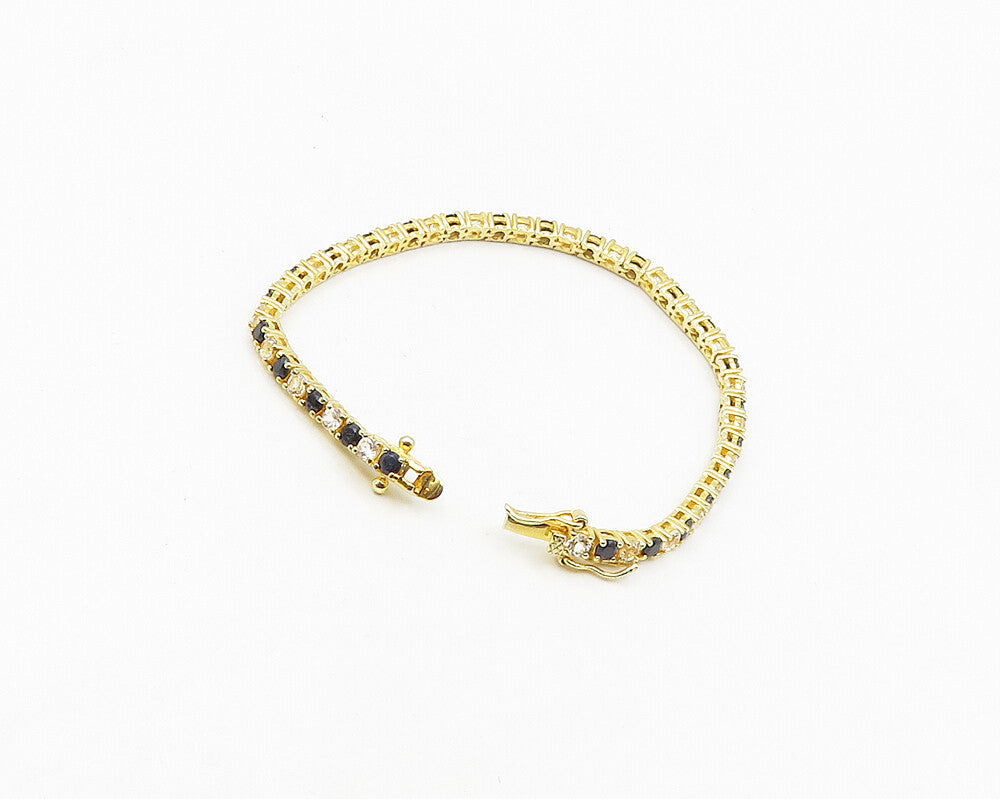 925 Sterling Silver  Shiny Sapphire & Topaz Gold Plated Chain Bracelet  BT7589