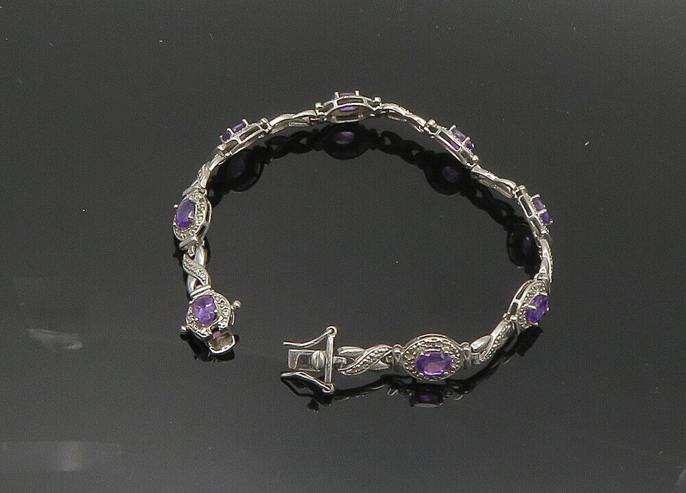 925 Sterling Silver  Vintage Amethyst XO Hinge Link Chain Bracelet  BT8137