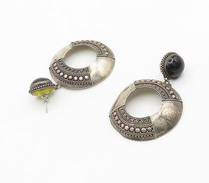925 Sterling Silver  Vintage Black Onyx Ornate Pattern Dangle Earrings  EG8025