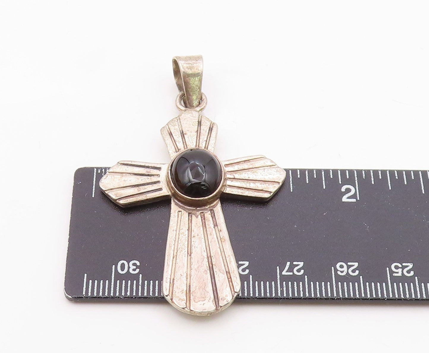 MEXICO 925 Silver  Vintage Cabochon Black Onyx Religious Cross Pendant PT14387