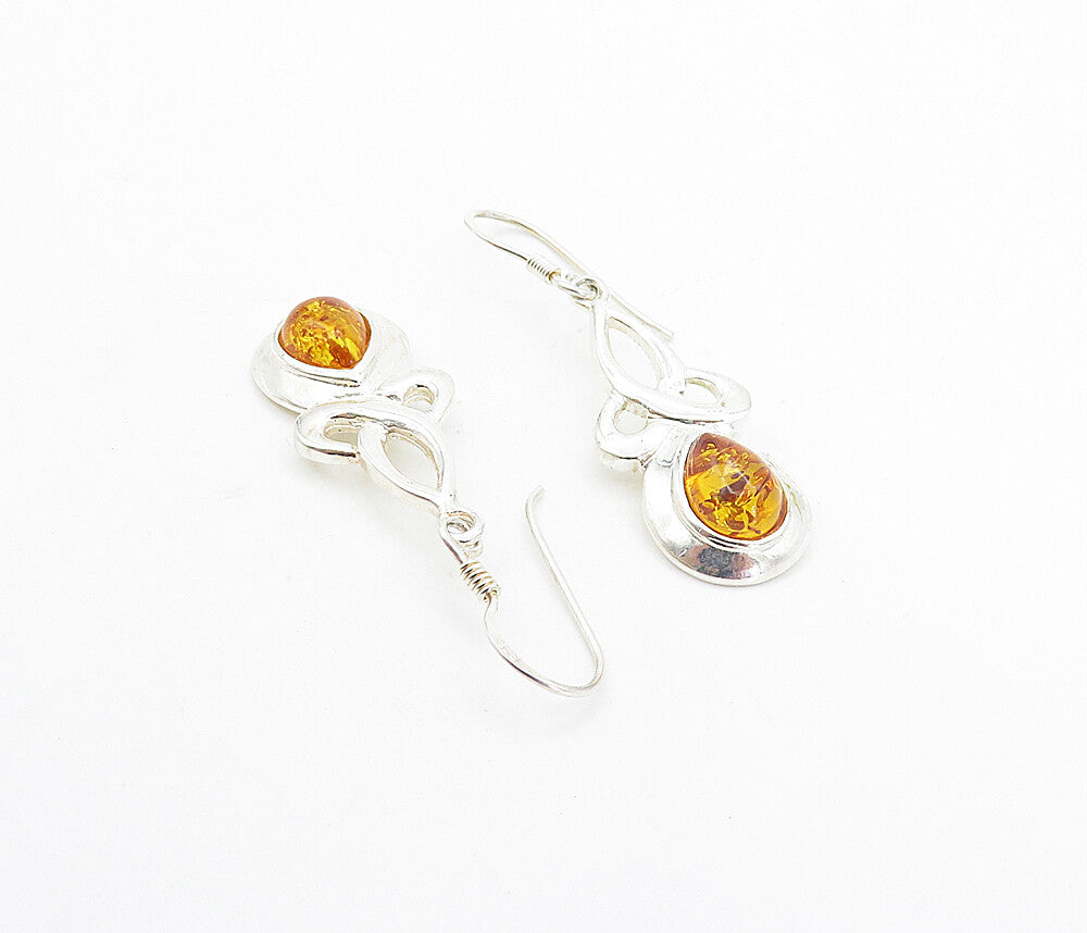 925 Sterling Silver  Cabochon Cut Amber Pretzel Knot Dangle Earrings  EG3667