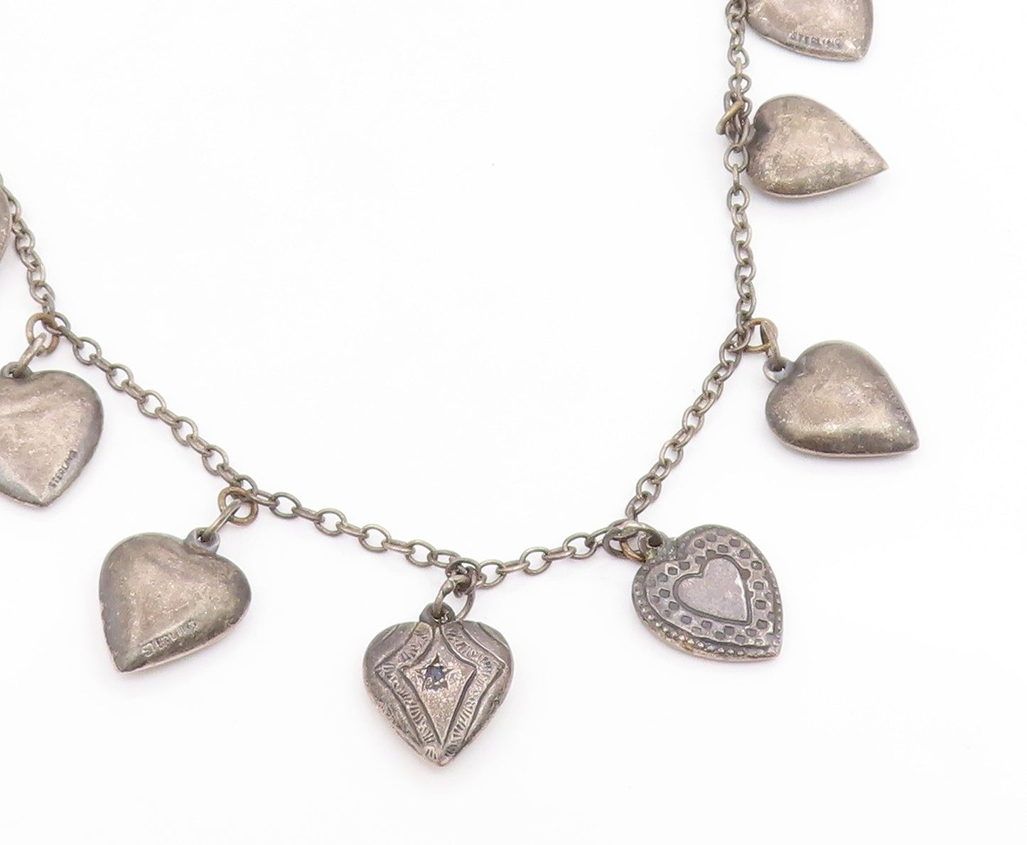 925 Sterling Silver Vintage Necklace Etched Love Heart Charm Motif Chain  NE4832
