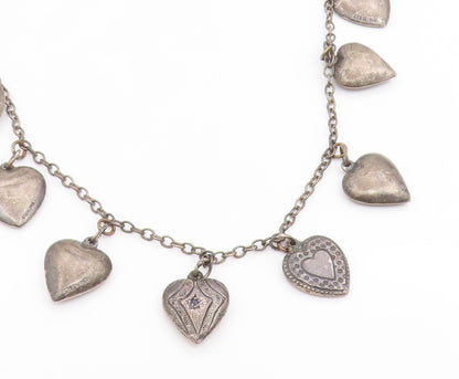 925 Sterling Silver Vintage Necklace Etched Love Heart Charm Motif Chain  NE4832