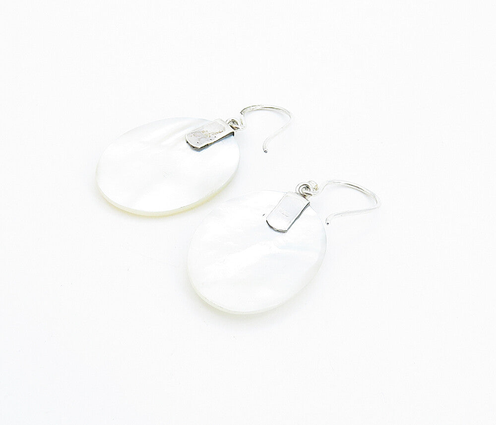925 Sterling Silver  Mother Of Pearl Floral Detail Oval Dangle Earrings EG3313