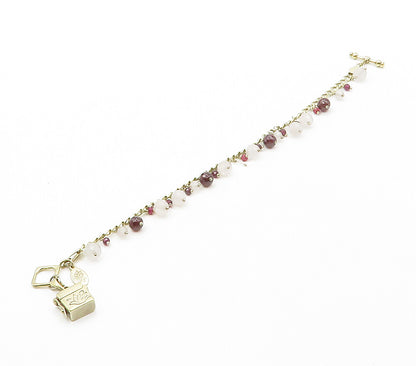 DESIGNER 925 Sterling Silver Garnet Ruby & Quartz Beaded Chain Bracelet BT6347