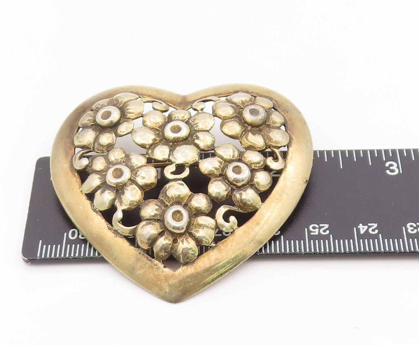 925 Sterling Silver Vintage Brooch Openwork Daisy Floral Love Heart Pin  BP12148