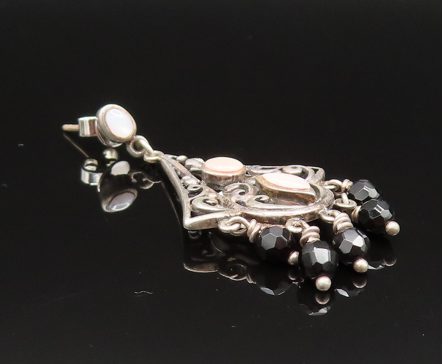 925 Silver  Vintage Mother Of Pearl & Spinel Beads Scroll Earrings  EG11745