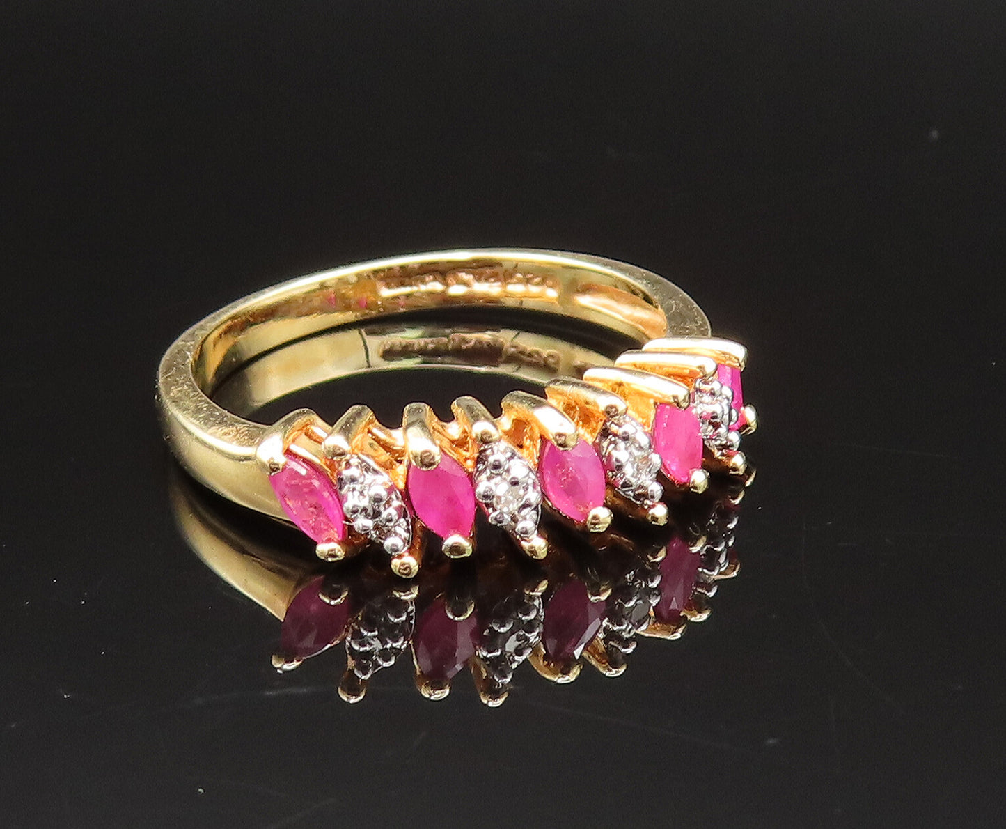 925 Silver  Vintage Gold Plated Marquise Ruby Pattern Ring Sz 8.5  RG25515