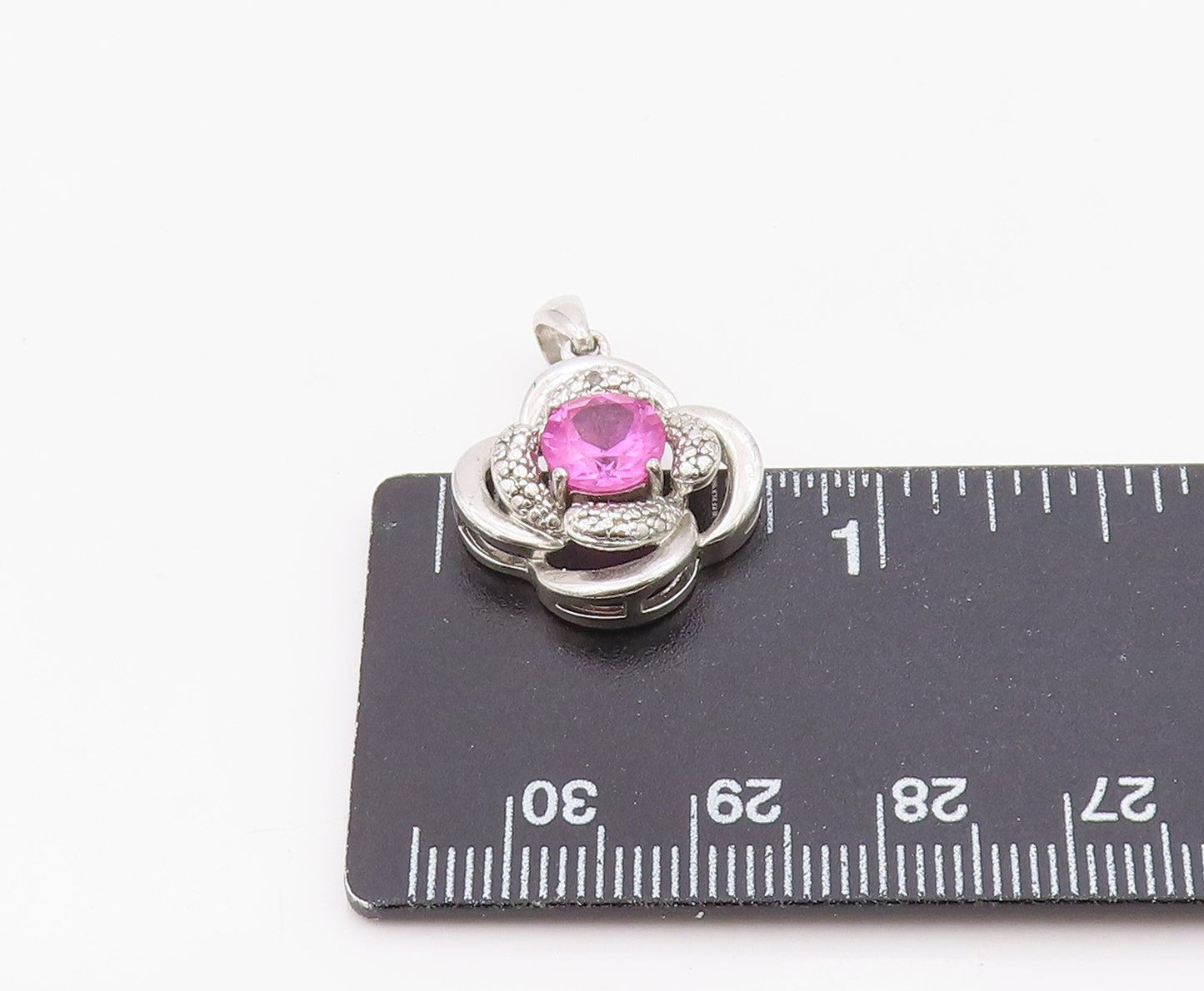 925 Sterling Silver Vintage Pendant Modernist Pink Topaz Floral Charm  PT26328