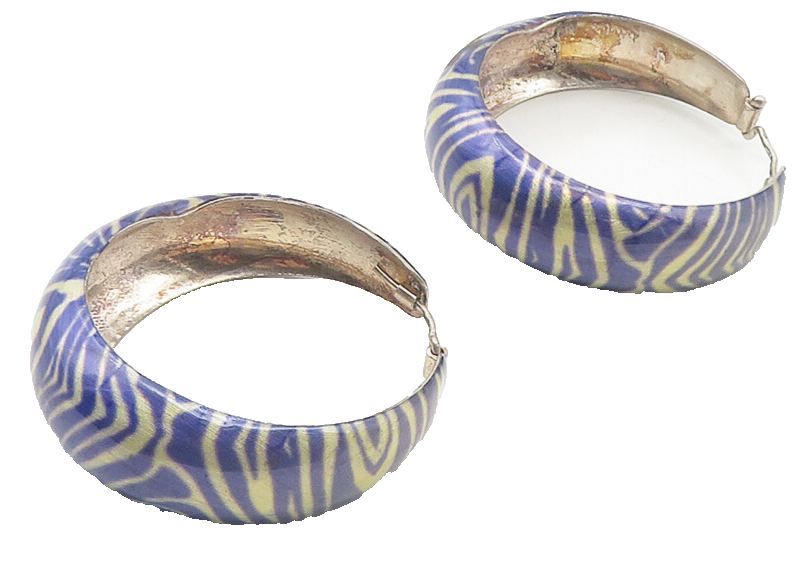 925 Sterling Silver  Vintage Enamel Coated Design Round Hoop Earrings  EG6244