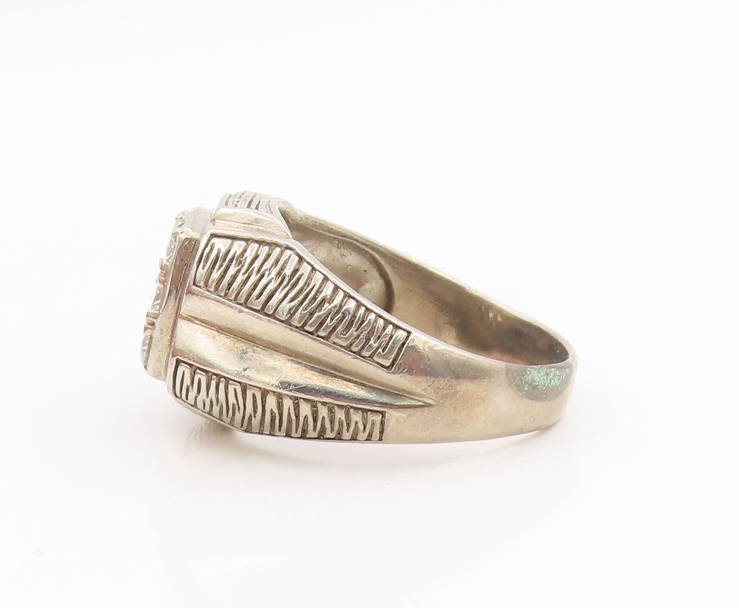 925 Sterling Silver Vintage Ring CZ Grid Etched Statement Band  Sz 13  RG35855