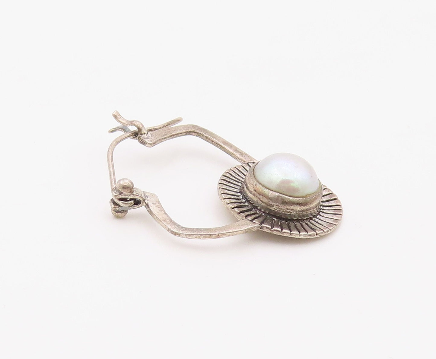 925 Sterling Silver Vintage Earrings Modernist Pearl Sunburst Dangle  EG14379