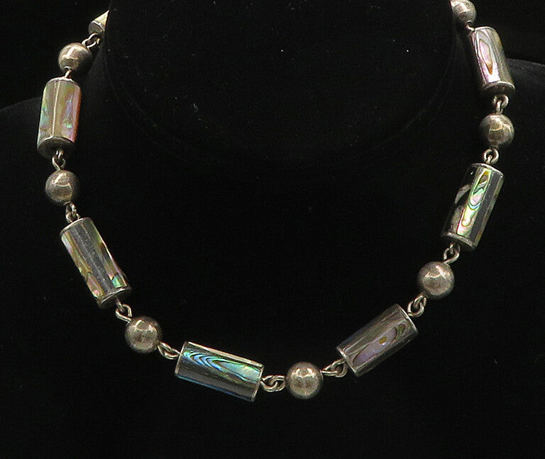 925 Sterling Silver  Vintage Bead & Abalone Cylinder Chain Necklace  NE3829