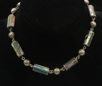 925 Sterling Silver  Vintage Bead & Abalone Cylinder Chain Necklace  NE3829