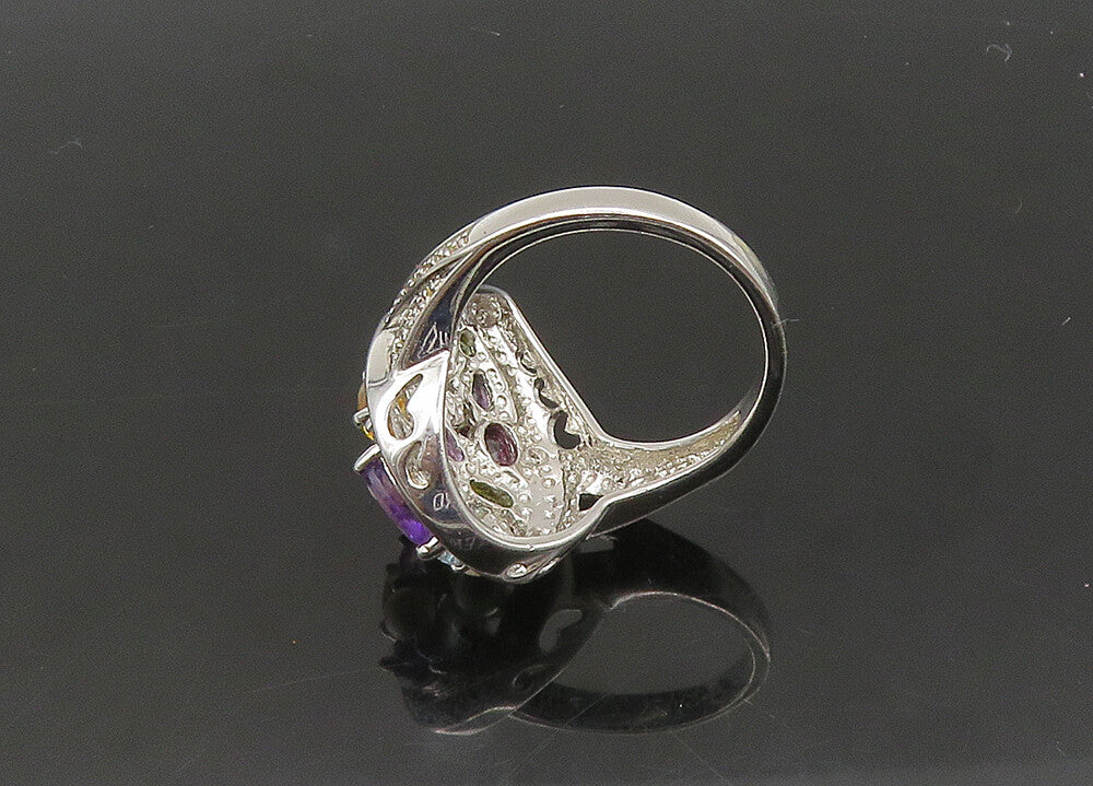 925 Silver Vintage Pearls & Peridot Multi Stone Cocktail Ring Sz 8 RG20942
