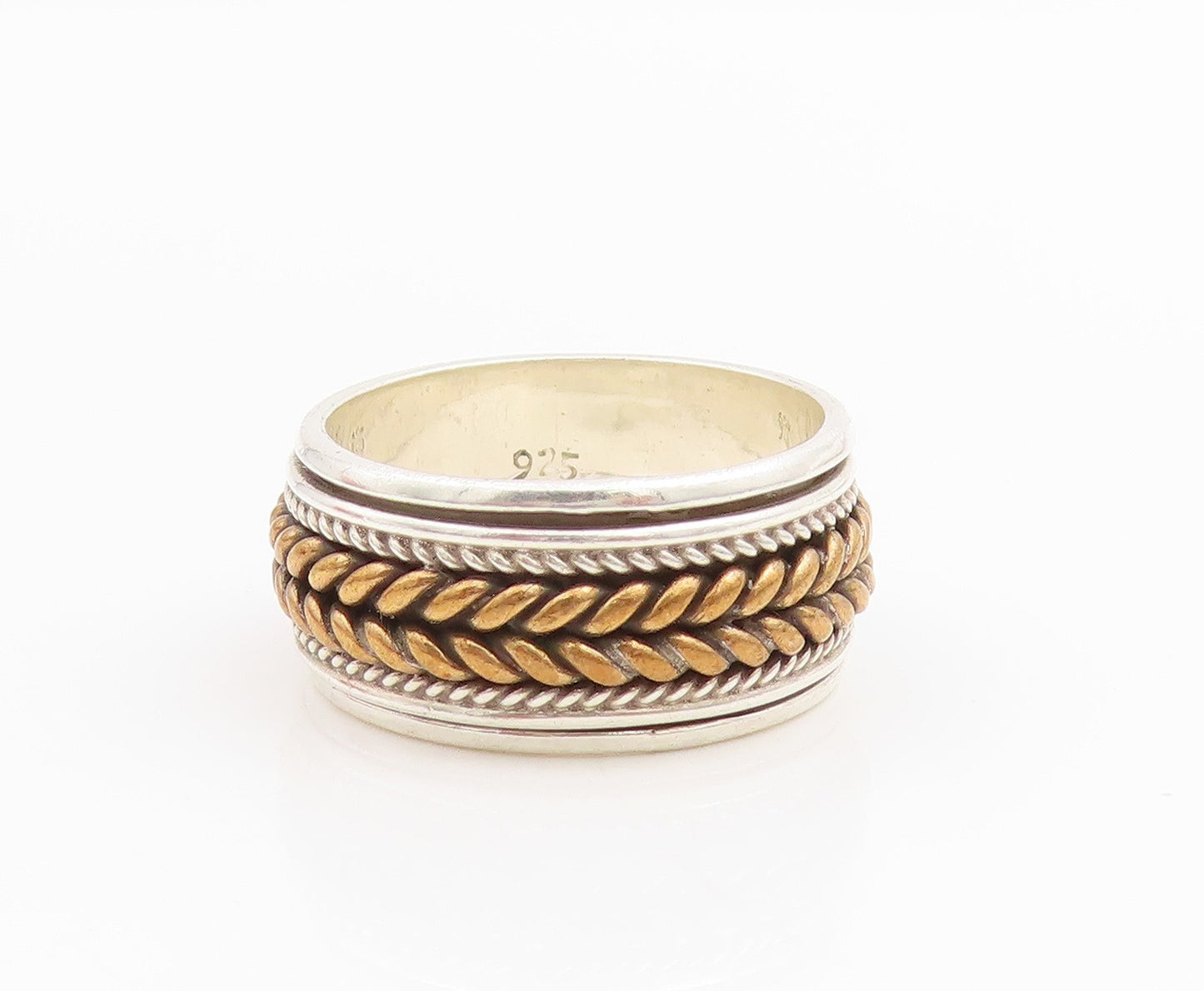 925 Sterling Silver Vintage Ring Two Tone Braided Spinning Band  Sz 7  RG33898