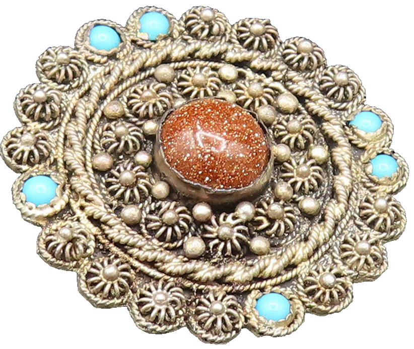 ISRAEL 925 Sterling Silver Vintage Drusy Quartz & Turquoise Brooch Pin BP9605