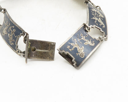 SIAM 925 Sterling Silver  Vintage Enamel Niello Dancer Chain Bracelet  BT4416