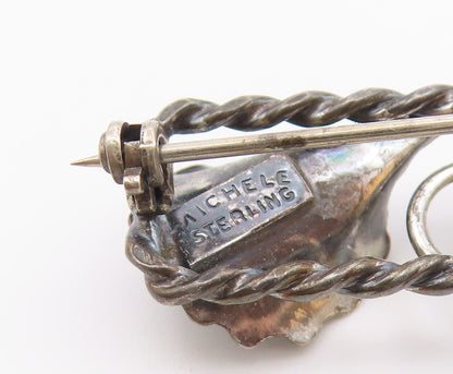 MICHELE 925 Silver  Vintage Double Bellflower Twisted Rope Brooch Pin  BP9729