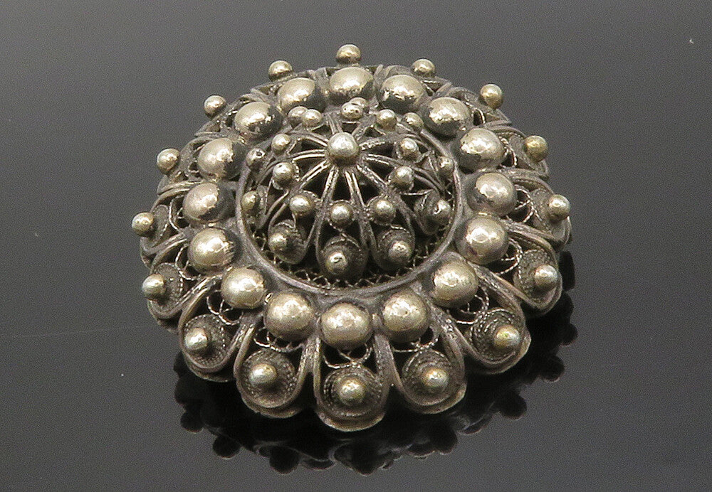 925 Sterling Silver  Vintage Antique Floral Dome Dark Tone Brooch Pin  BP5053