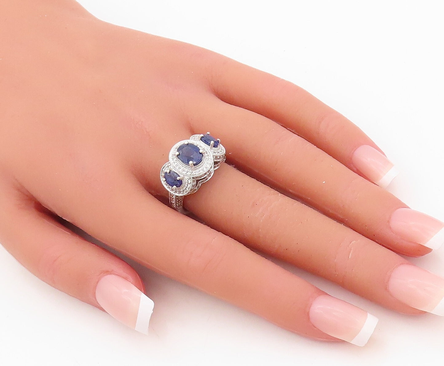 925 Sterling Silver Vintage Ring Oval Sapphire Halo CZ Inlay  Sz 7 RG30351