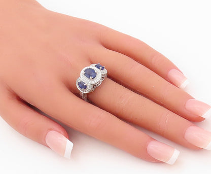 925 Sterling Silver Vintage Ring Oval Sapphire Halo CZ Inlay  Sz 7 RG30351