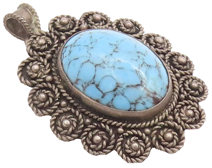 925 Sterling Silver Vintage Brooch Pin ISRAEL Turquoise Roped Flowers  BP10703