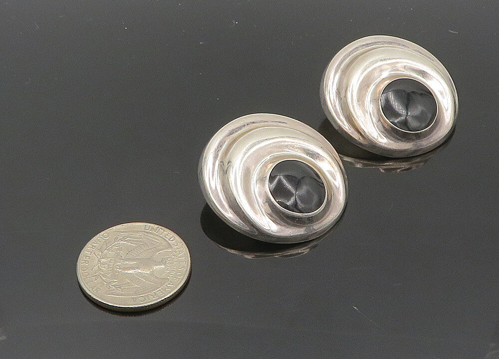 MEXICO 925 Silver  Vintage Black Onyx Shiny Non Pierce Earrings  EG10169