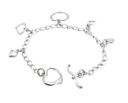 925 Sterling Silver  Open Love Heart Charmed Curb Link Chain Bracelet  BT2382