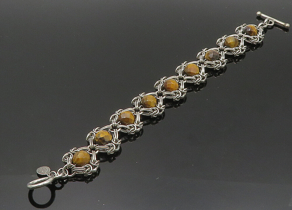 925 Sterling Silver  Vintage Faceted Tiger's Eye Beaded Chain Bracelet  BT8269