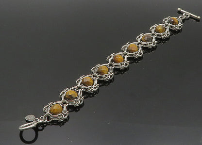 925 Sterling Silver  Vintage Faceted Tiger's Eye Beaded Chain Bracelet  BT8269