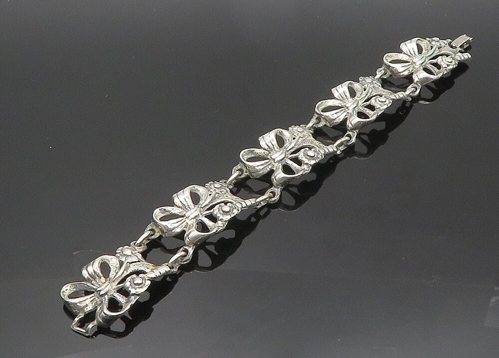 925 Sterling Silver  Vintage Floral Bow Tied Ribbon Chain Bracelet  BT8333