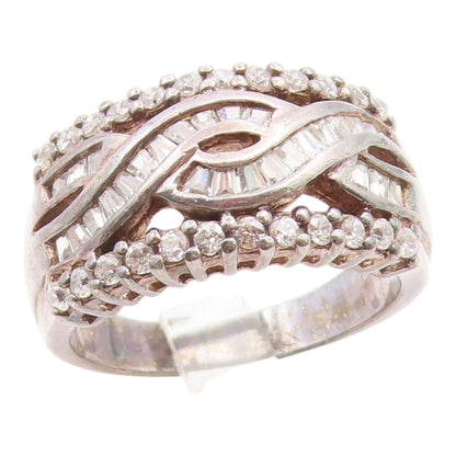 925 Sterling Silver Vintage Ring Round & Baguette Cut CZ Crossover Sz 10 RG35984