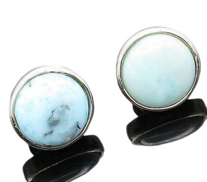 925 Sterling Silver  Vintage Cabochon Cut Larimar Round Stud Earrings  EG10140
