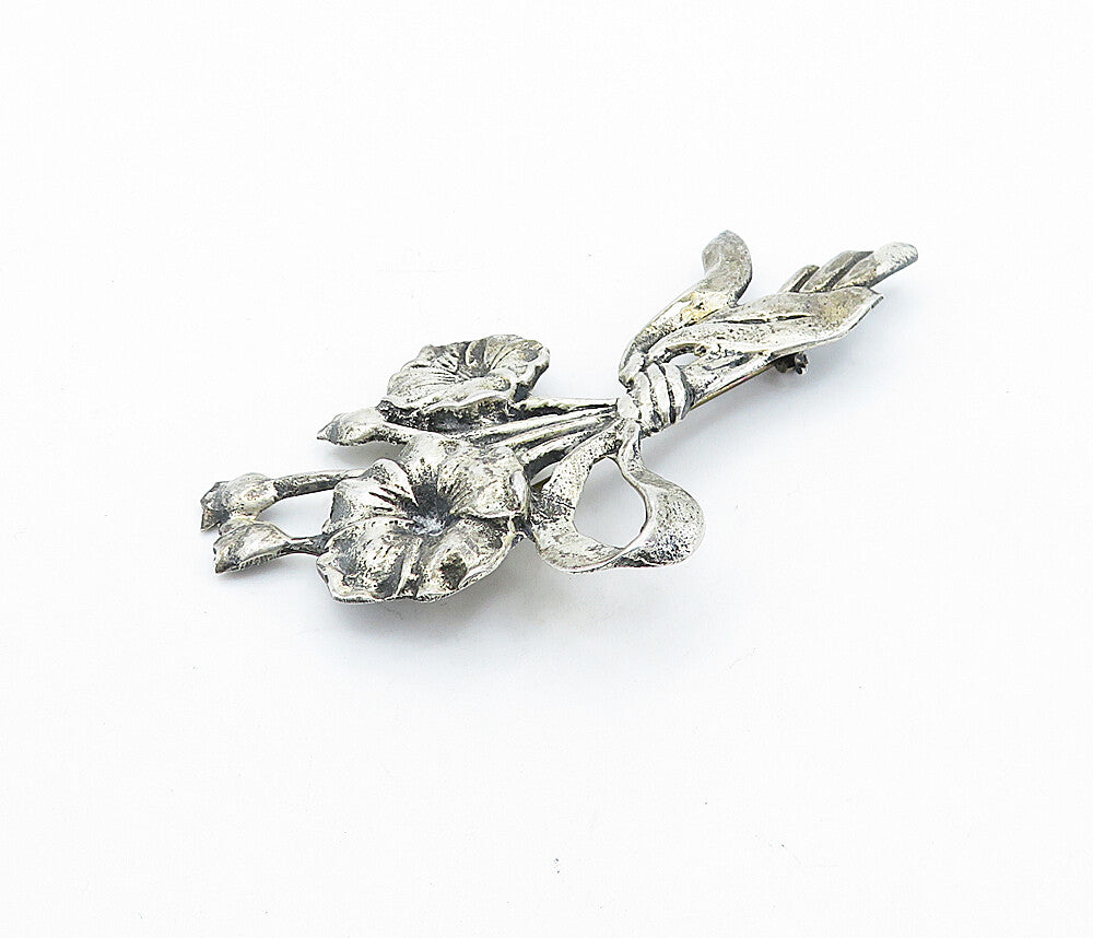 925 Sterling Silver Vintage Antique Ribbon Tied Flowers Brooch Pin BP2687