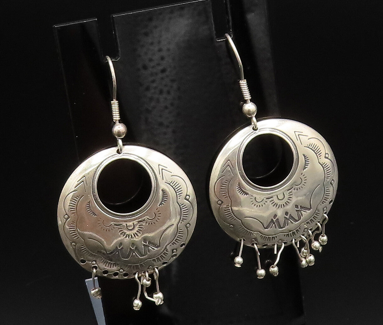 CAROLYN POLLACK 925 Silver  Vintage Etched Open Circle Beaded Earrings EG12242