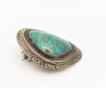 ISRAEL 925 Silver  Vintage Chained Border Chrysocolla Brooch Pin  BP10133