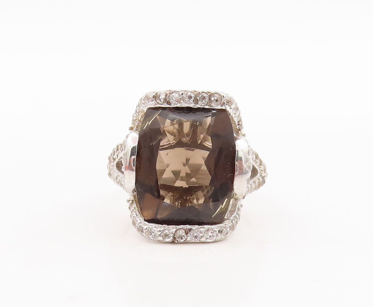 925 Sterling Silver Vintage Ring Designer Smoky Quartz & Topaz  Sz 7.5  RG29710