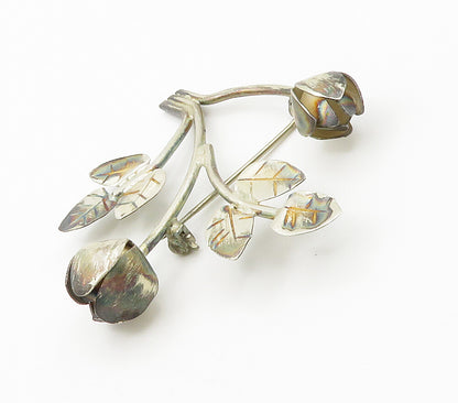 925 Sterling Silver  Vintage Blooming Flowers Motif Etched Brooch Pin  BP5790
