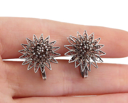 925 Sterling Silver  Vintage Dark Tone Floral Non Pierce Drop Earrings  EG2640