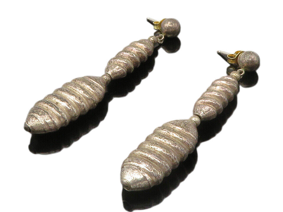 925 Sterling Silver  Vintage Dark Tone Fluted Detail Dangle Earrings  EG7302