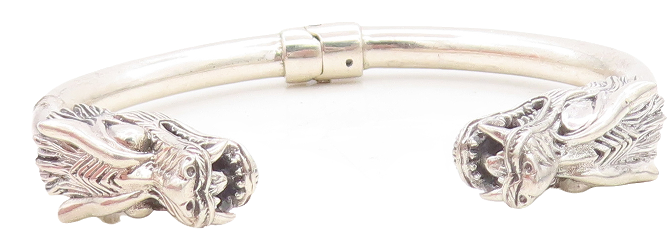 925 Sterling Silver  Vintage Shiny Sculpted Dragon Head Cuff Bracelet  BT2904