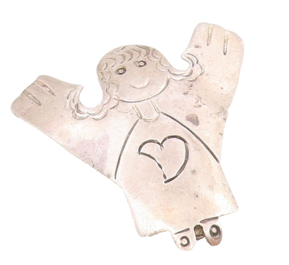 MEXICO 925 Silver  Vintage Etched Love Heart Angel Woman Brooch Pin  BP4277