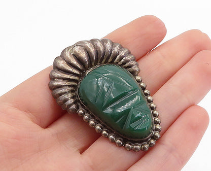 MEXICO 925 Sterling Silver  Vintage Green Onyx Carved Face Brooch Pin  BP2106